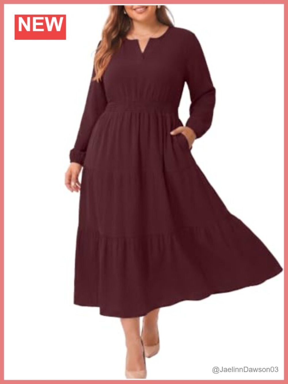 Plus Size Fall Maxi Dress Long Sleeve Smocked Waist Pockets